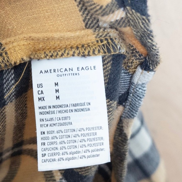 Y2K American Eagle Womens Hooded Flannel Shirt Sz M Yellow Plaid Grunge Gorpcore - Picture 5 of 7